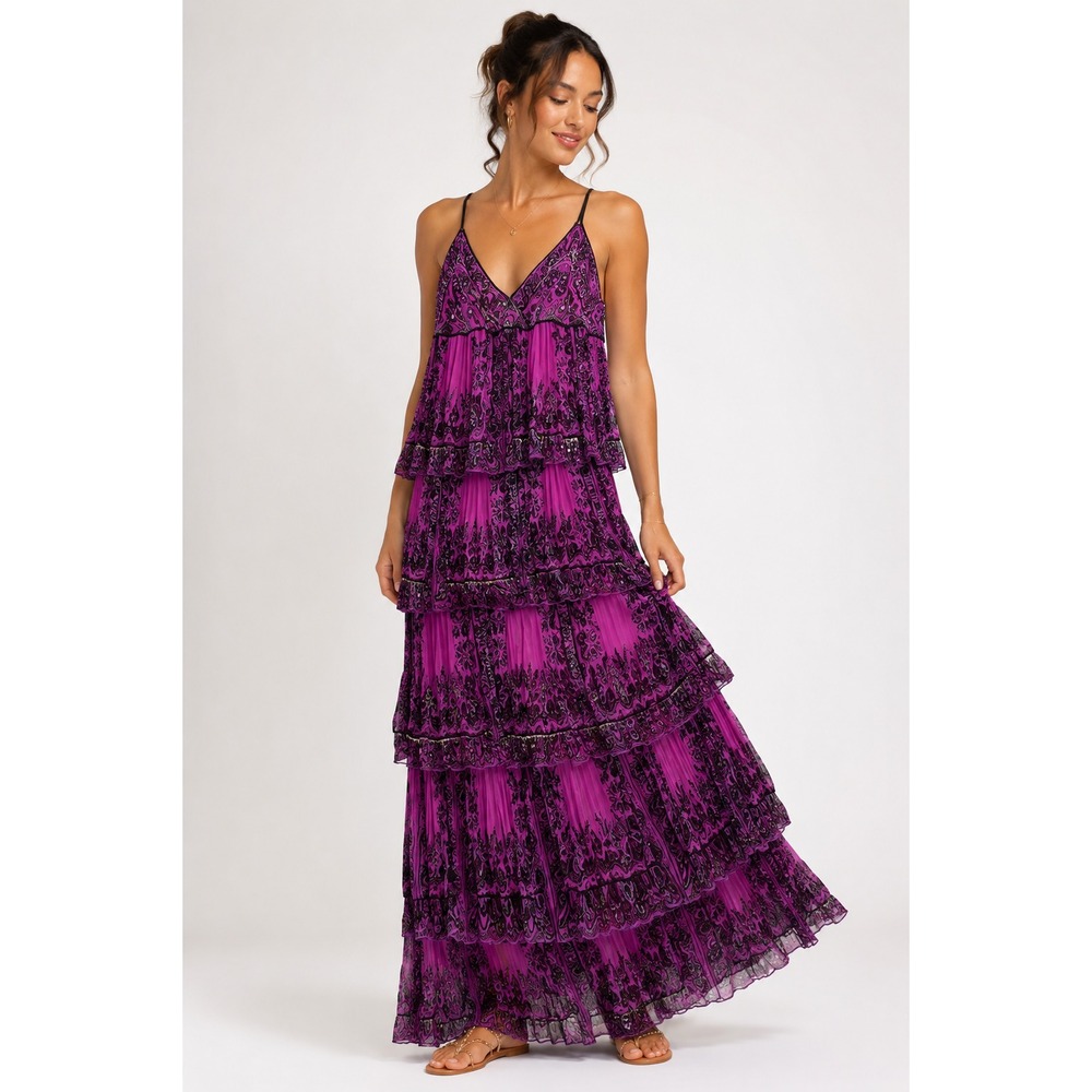 Chaudry KC Dress Womens M Purple Paisley Sequin Tiered Ruffle Maxi Lined Boho